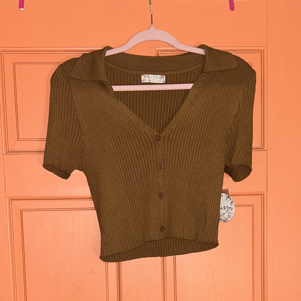 Brown Ribbed Crop Top with collar